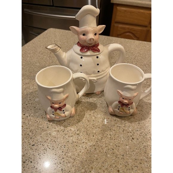 Vintage Otagiri Chef Pig Teapot and Matching Cups Mug Hand Painted - Picture 1 of 10